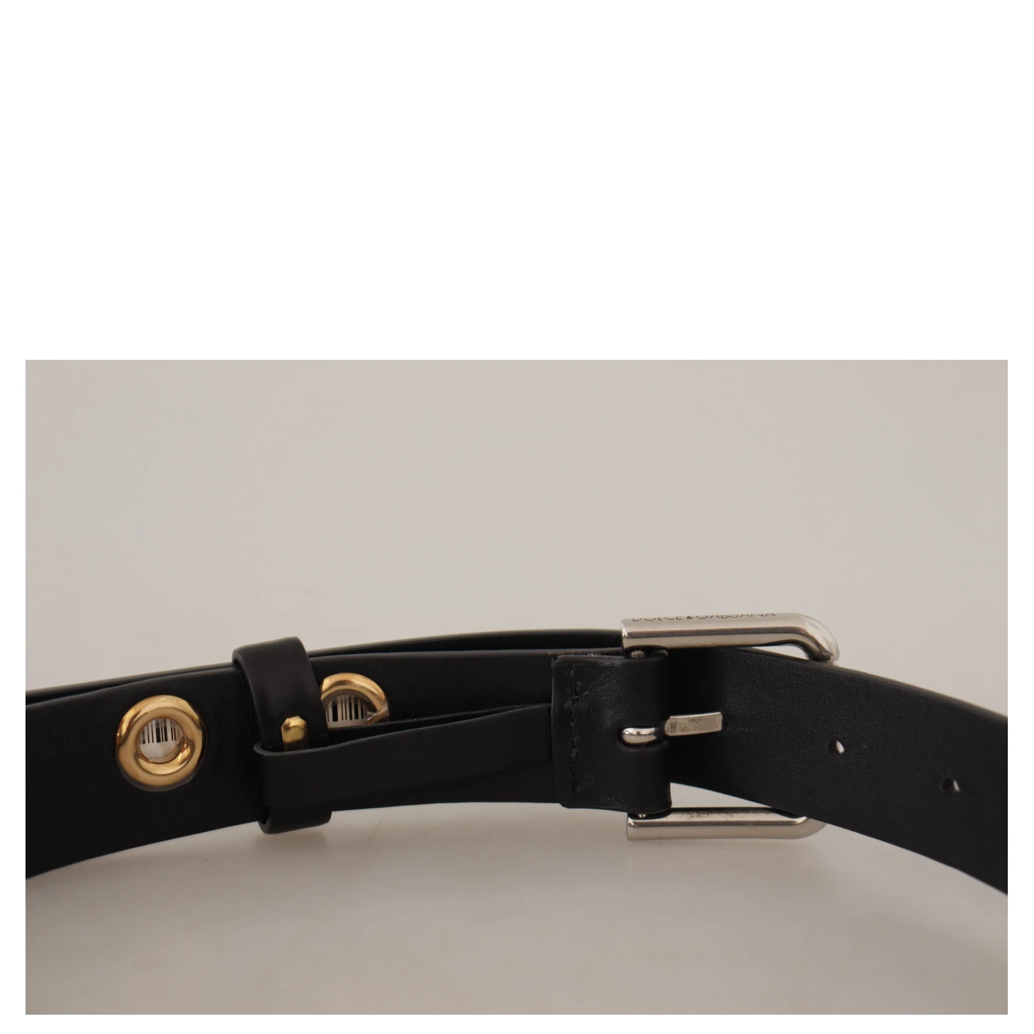 Black Leather Eyelet Silver Tone Metal Buckle Belt