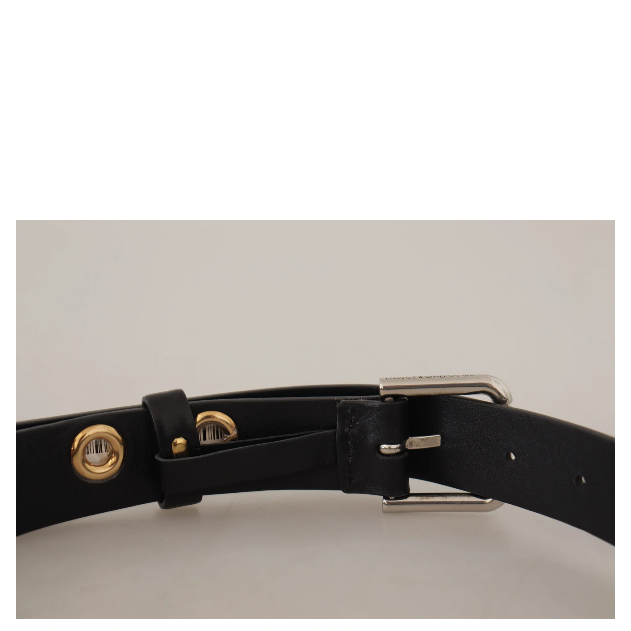 Black Leather Eyelet Silver Tone Metal Buckle Belt