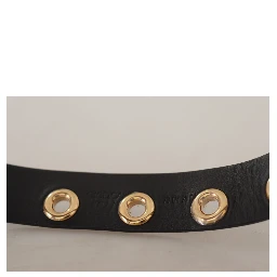 Black Leather Eyelet Silver Tone Metal Buckle Belt