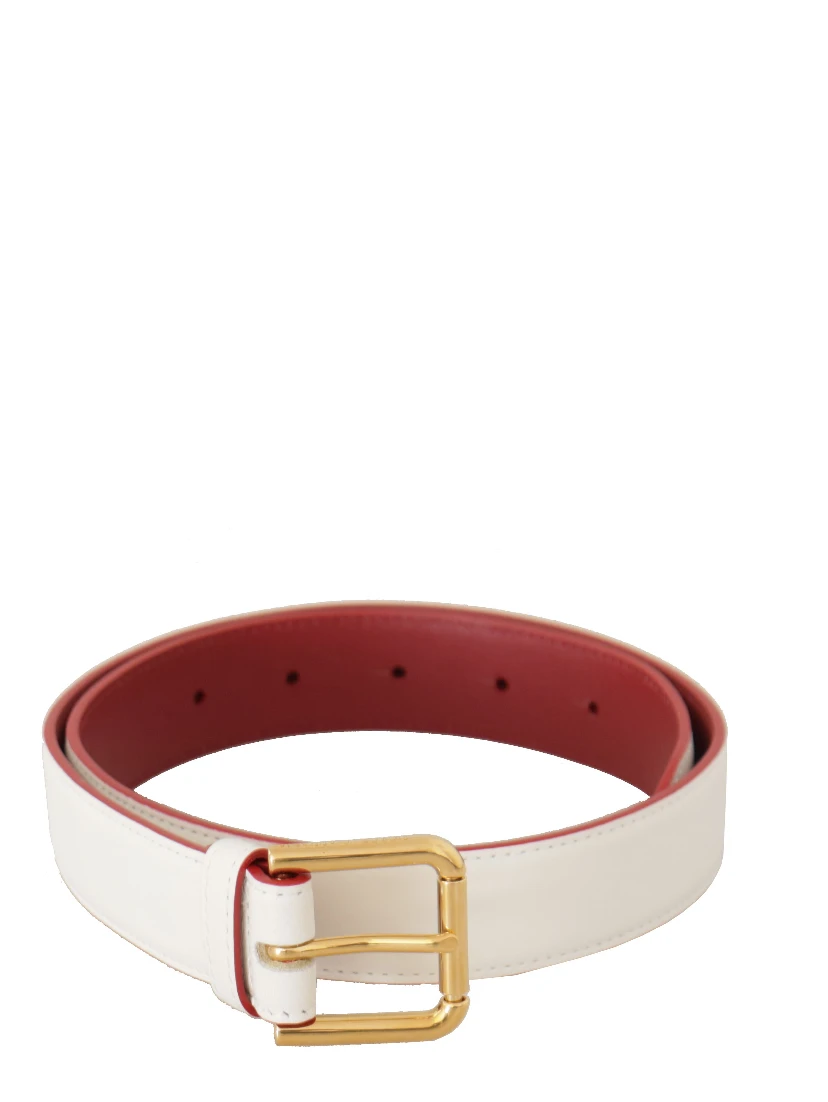 White Calf Leather Two-Toned Gold Metal Buckle Belt