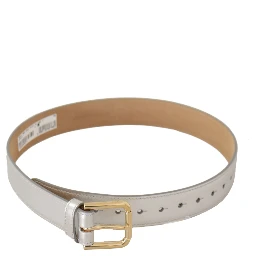 Silver Leather Gold Tone Logo Metal Buckle Belt