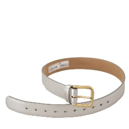Silver Leather Gold Tone Logo Metal Buckle Belt
