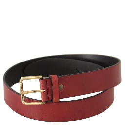 Red Leather Gold Logo Engraved Metal Buckle Belt