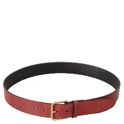 Red Leather Gold Logo Engraved Metal Buckle Belt