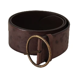 Dark Brown Wide Calf Leather Logo Round Buckle Belt
