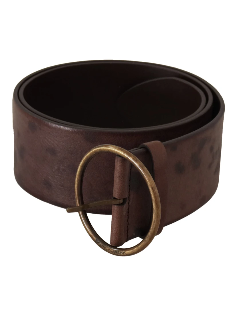 Dark Brown Wide Calf Leather Logo Round Buckle Belt