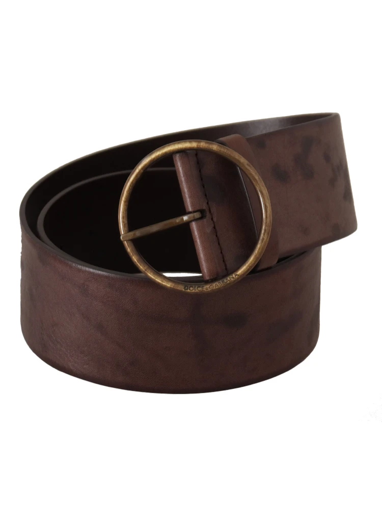 Dark Brown Wide Calf Leather Logo Round Buckle Belt alternative