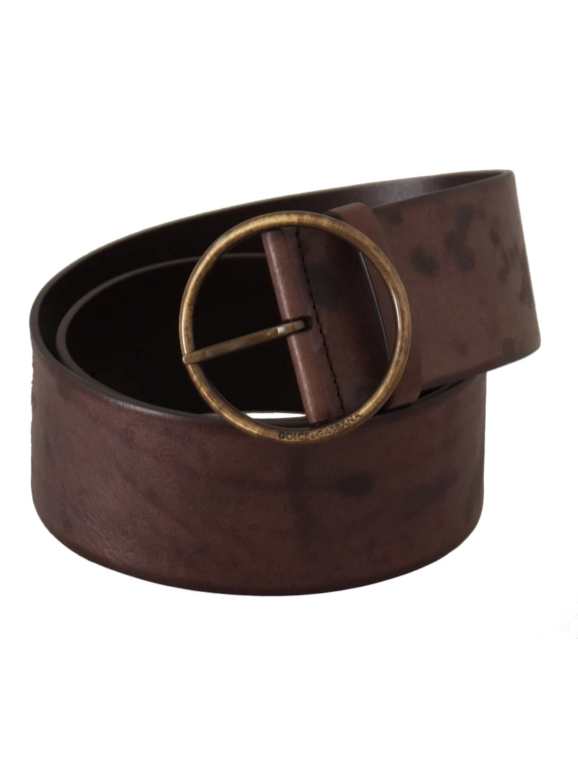 Dark Brown Wide Calf Leather Logo Round Buckle Belt