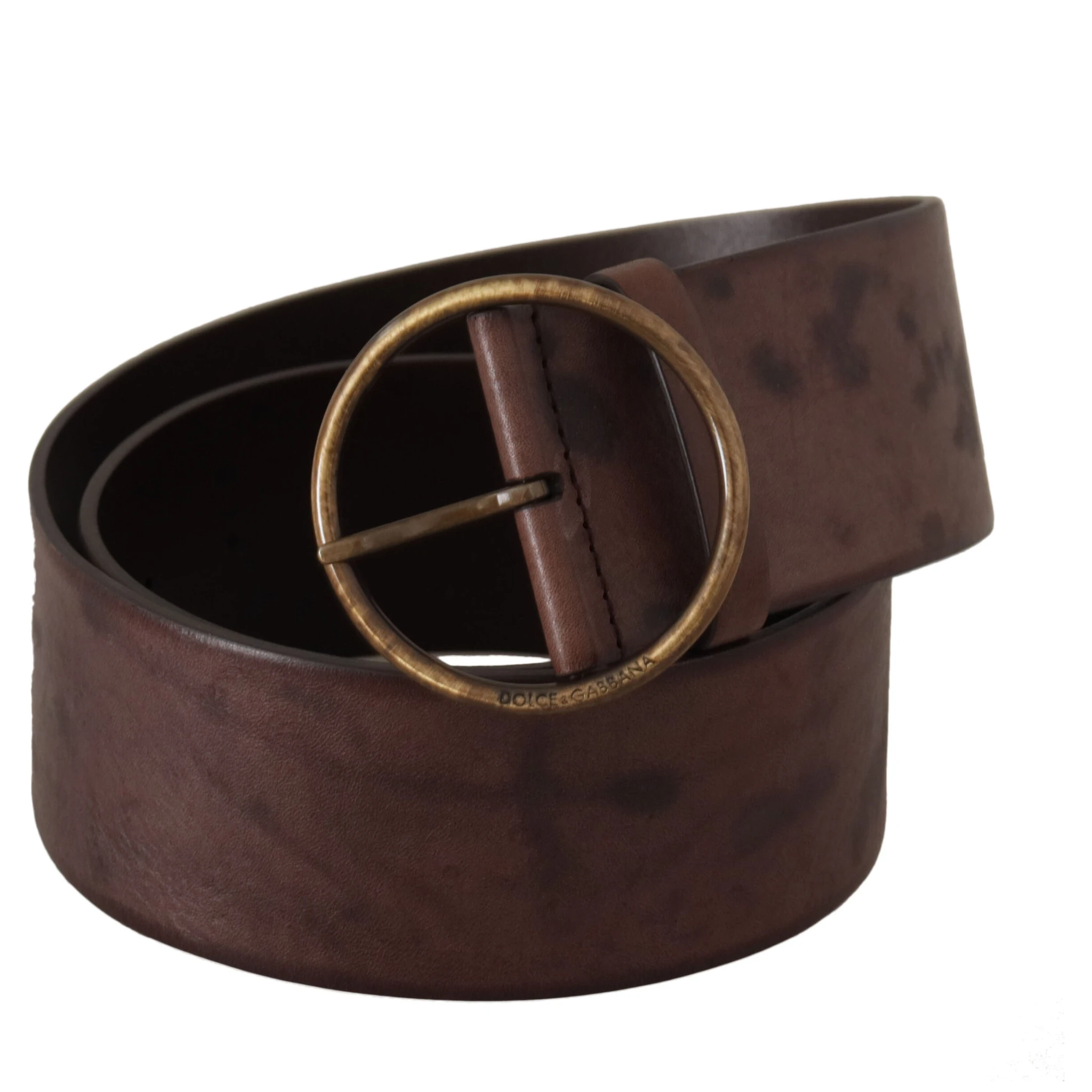 Dark Brown Wide Calf Leather Logo Round Buckle Belt