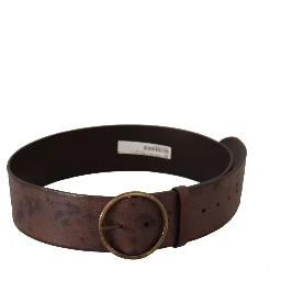 Dark Brown Wide Calf Leather Logo Round Buckle Belt