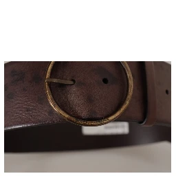 Dark Brown Wide Calf Leather Logo Round Buckle Belt