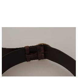 Dark Brown Wide Calf Leather Logo Round Buckle Belt