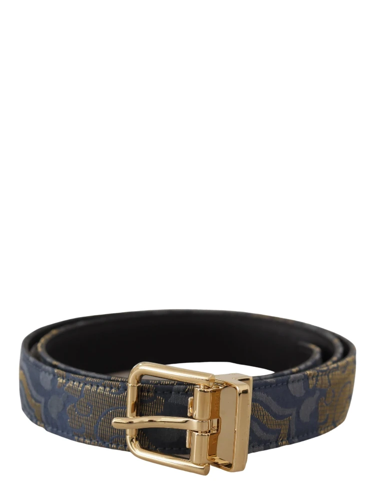 Navy Blue Jacquard Gold Tone Logo Metal Buckle Belt