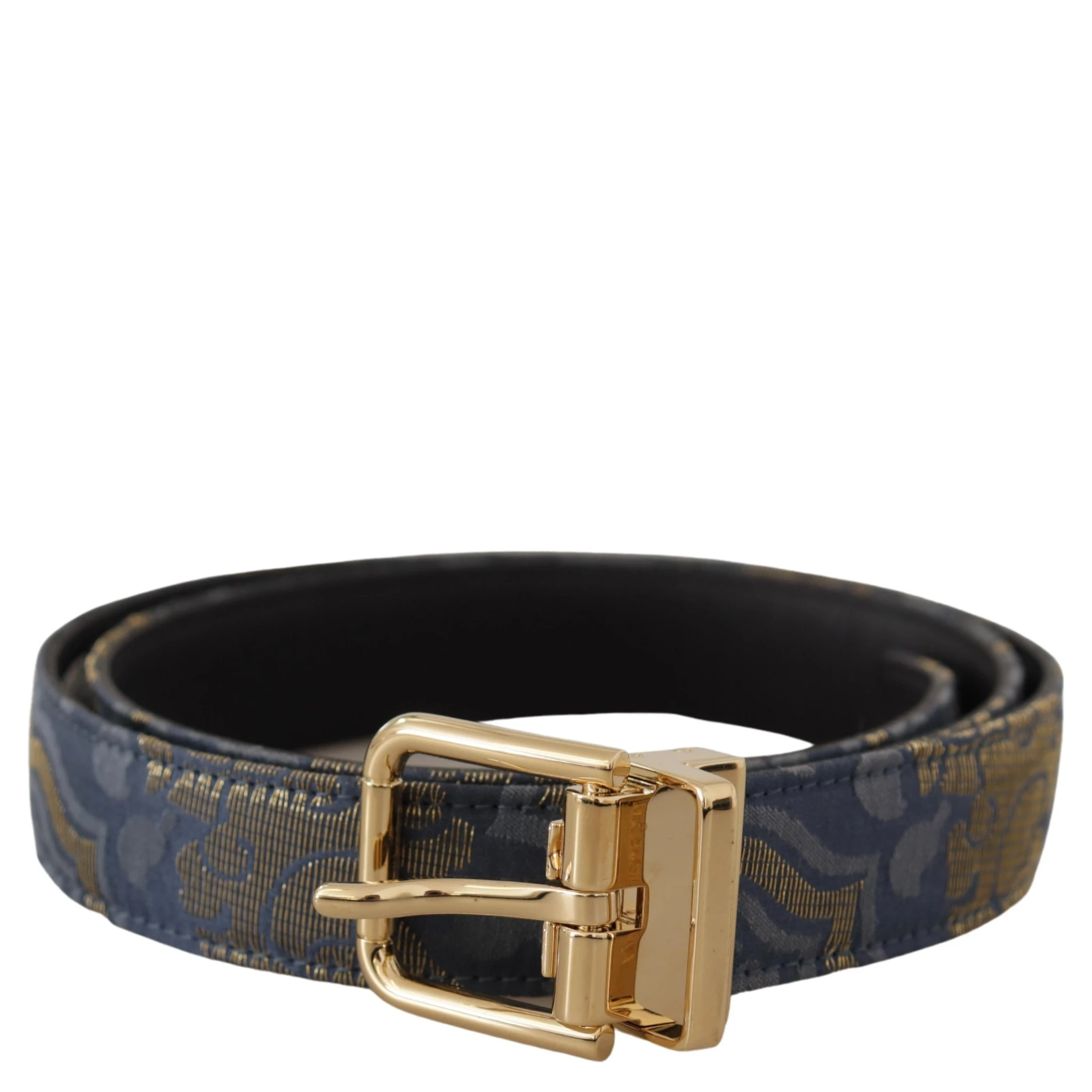 Navy Blue Jacquard Gold Tone Logo Metal Buckle Belt