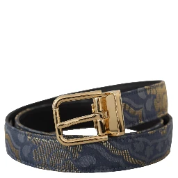 Navy Blue Jacquard Gold Tone Logo Metal Buckle Belt