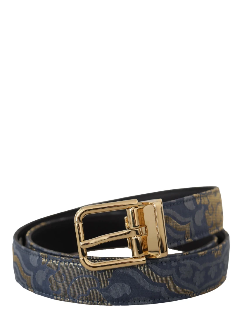 Navy Blue Jacquard Gold Tone Logo Metal Buckle Belt