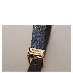 Navy Blue Jacquard Gold Tone Logo Metal Buckle Belt