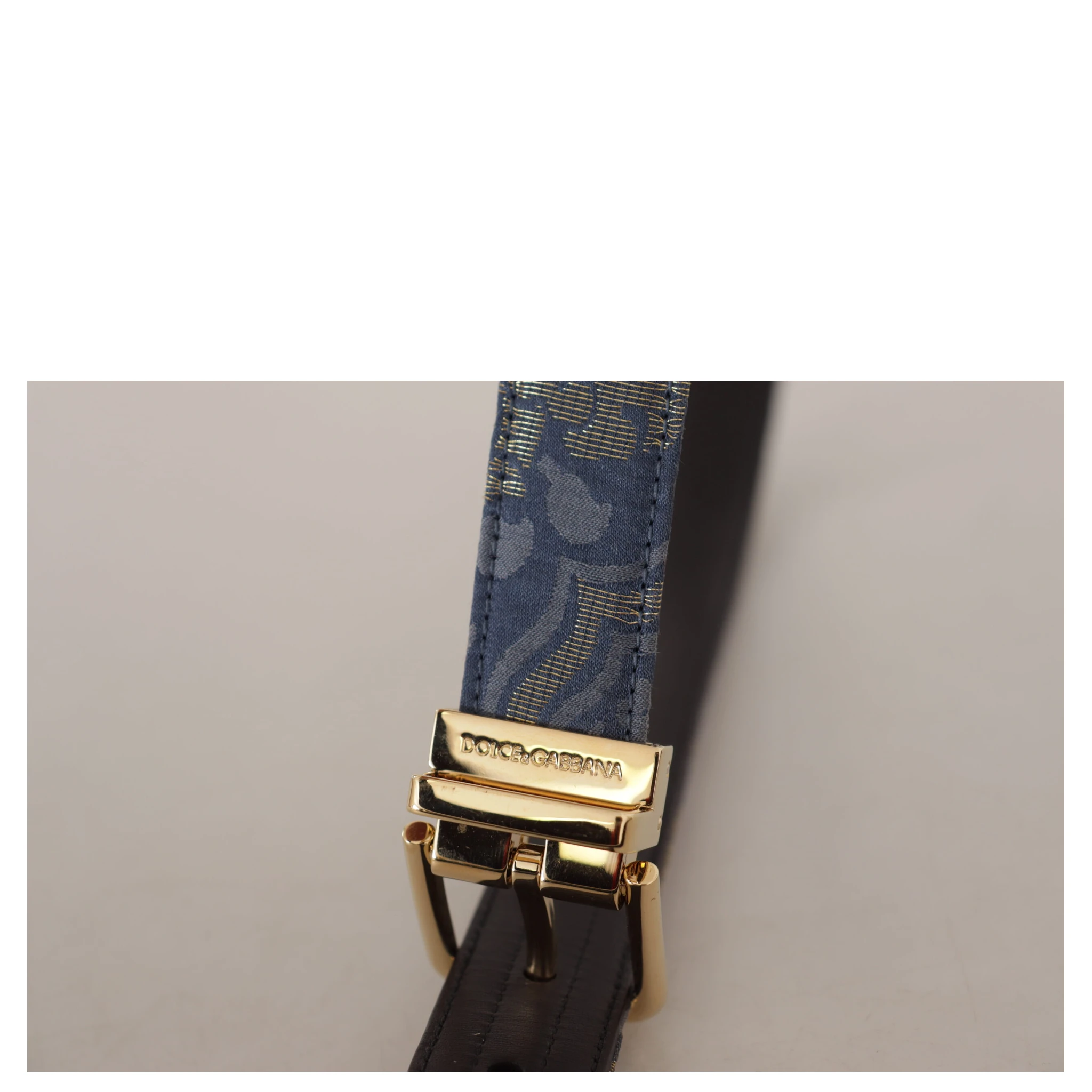 Navy Blue Jacquard Gold Tone Logo Metal Buckle Belt