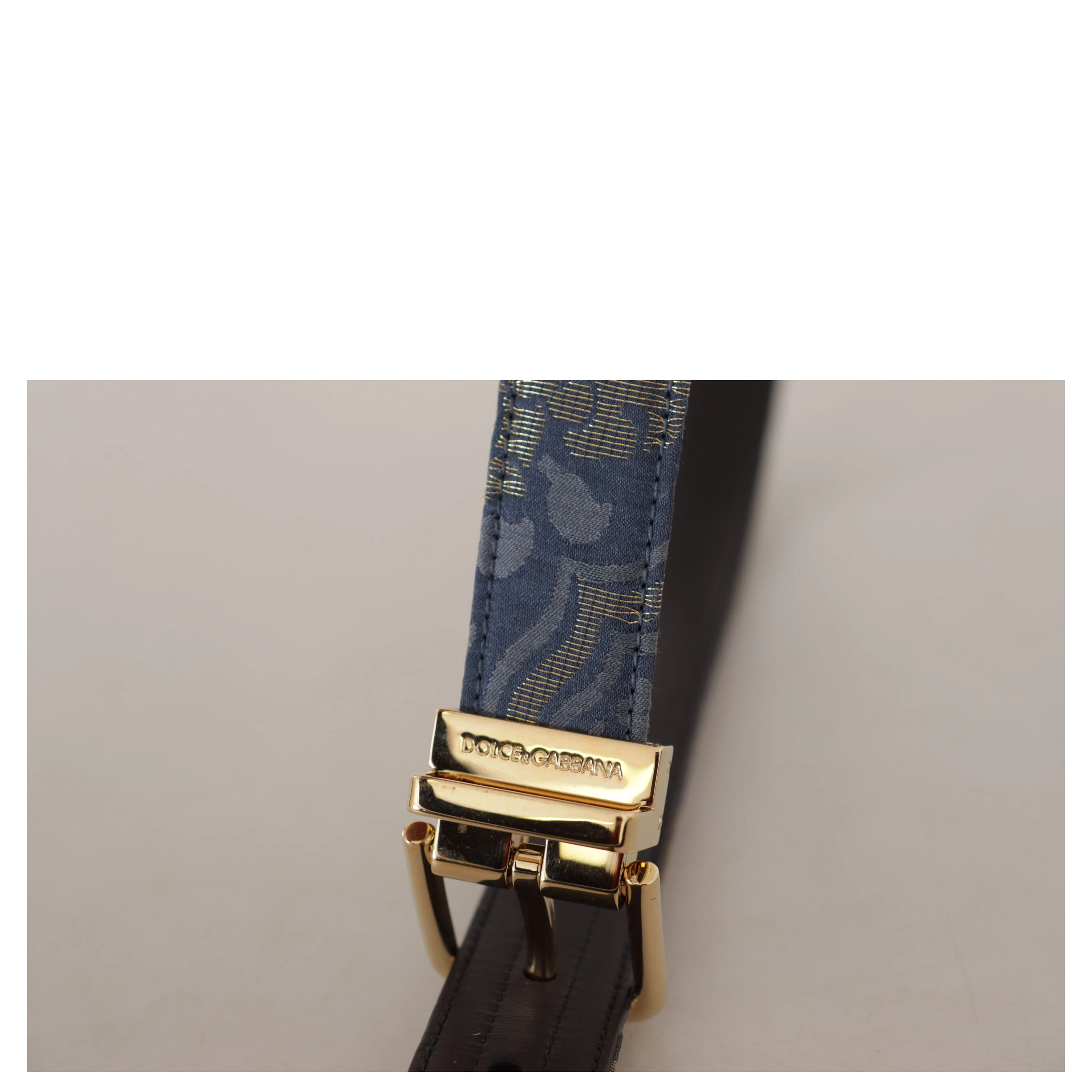 Navy Blue Jacquard Gold Tone Logo Metal Buckle Belt