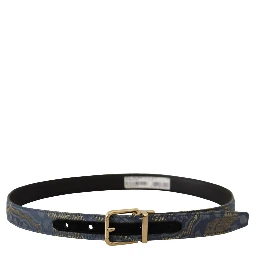 Navy Blue Jacquard Gold Tone Logo Metal Buckle Belt