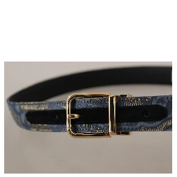 Navy Blue Jacquard Gold Tone Logo Metal Buckle Belt