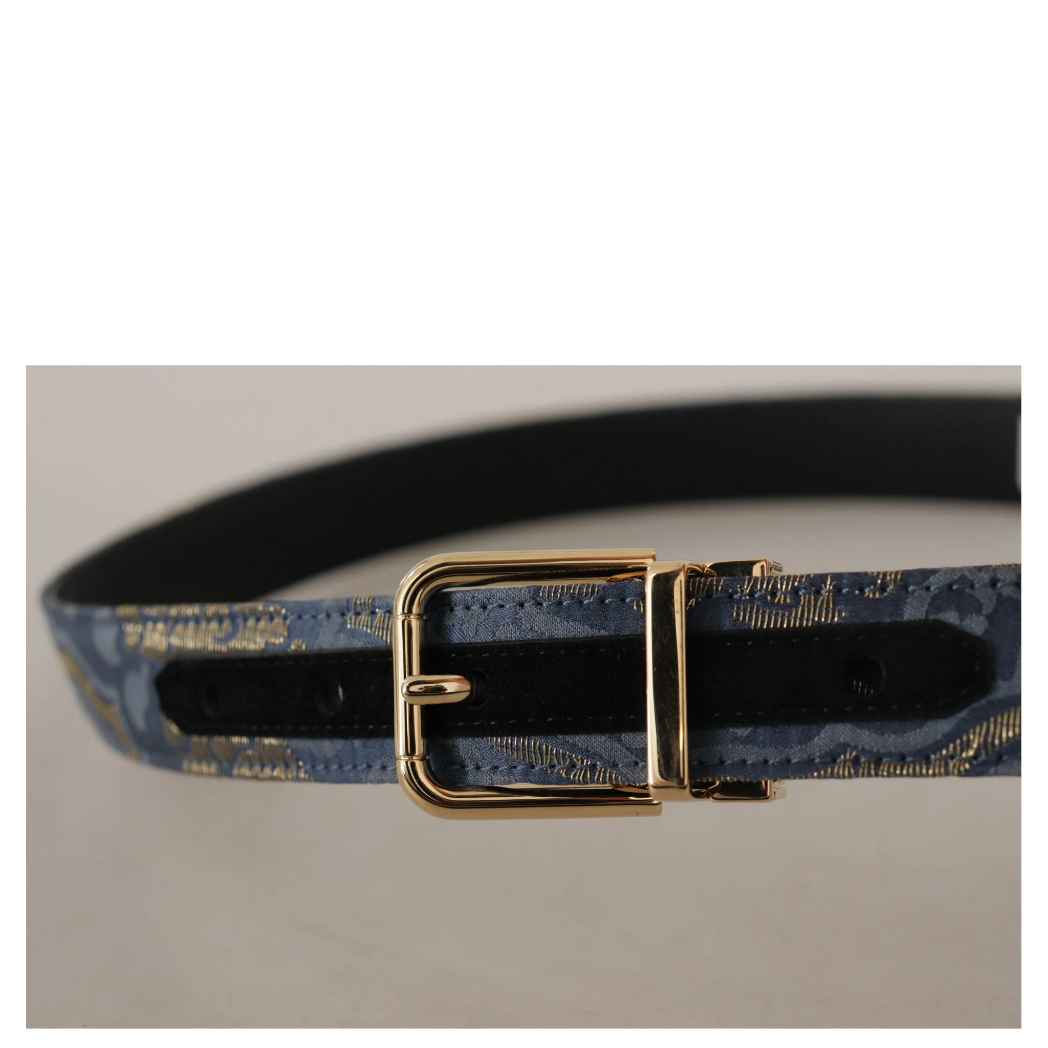 Navy Blue Jacquard Gold Tone Logo Metal Buckle Belt