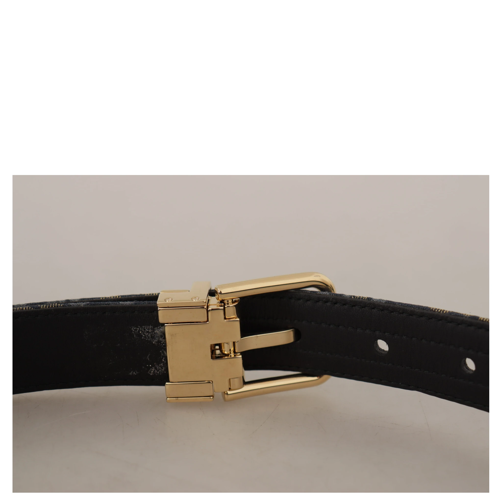 Navy Blue Jacquard Gold Tone Logo Metal Buckle Belt