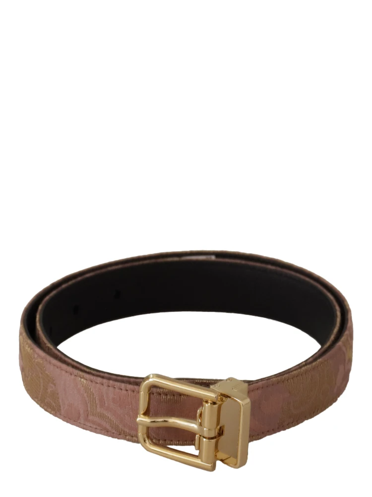 Rose Gold Leather Logo Engraved Metal Buckle Belt