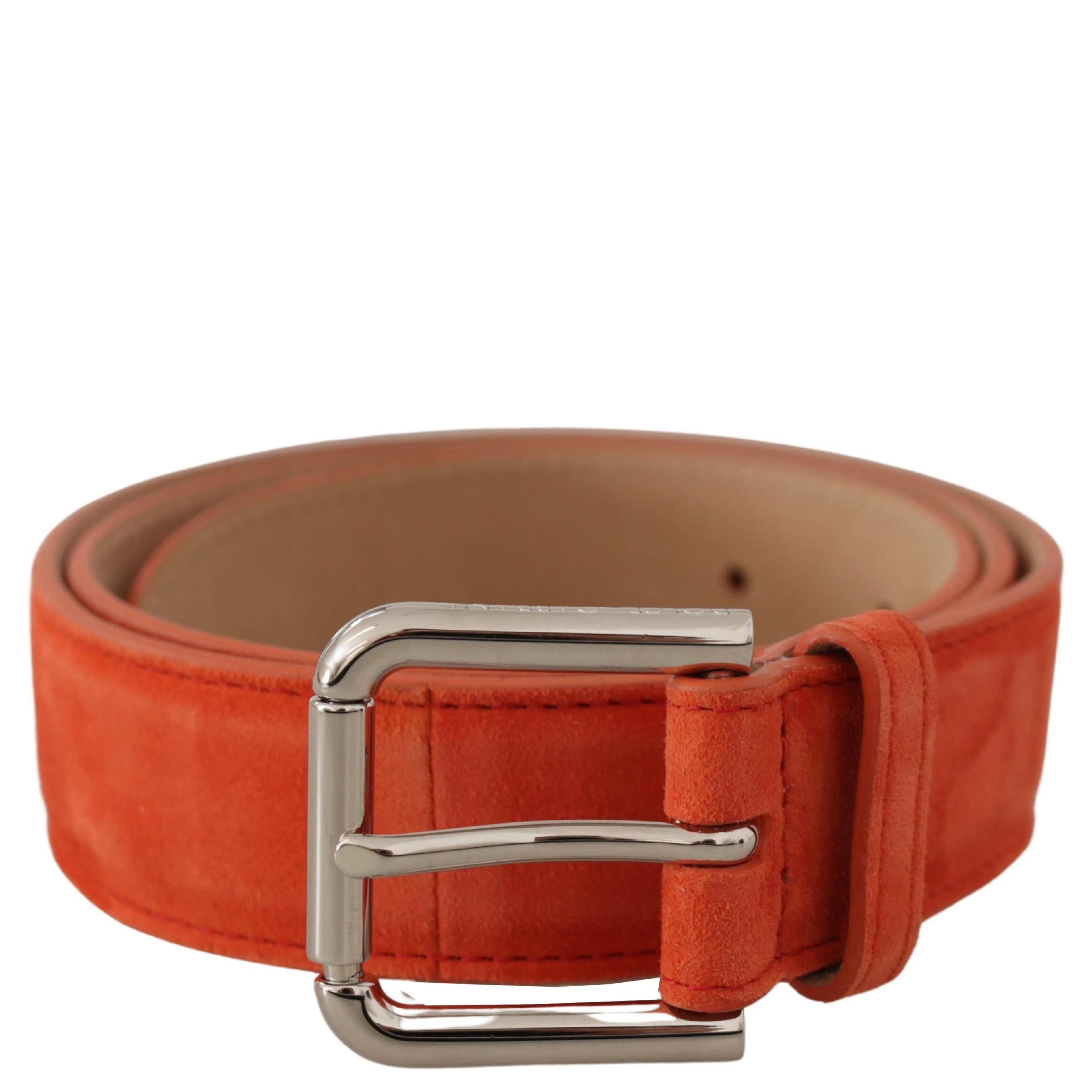 Orange Leather Suede Silver Logo Metal Buckle Belt