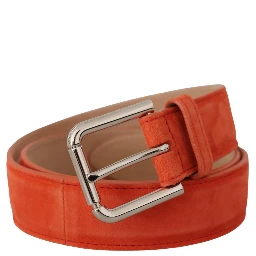 Orange Leather Suede Silver Logo Metal Buckle Belt