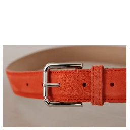 Orange Leather Suede Silver Logo Metal Buckle Belt