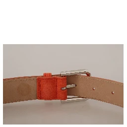 Orange Leather Suede Silver Logo Metal Buckle Belt