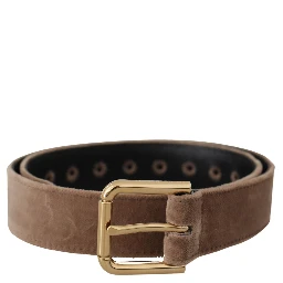 Light Brown Velvet Gold Tone Logo Metal Buckle Belt