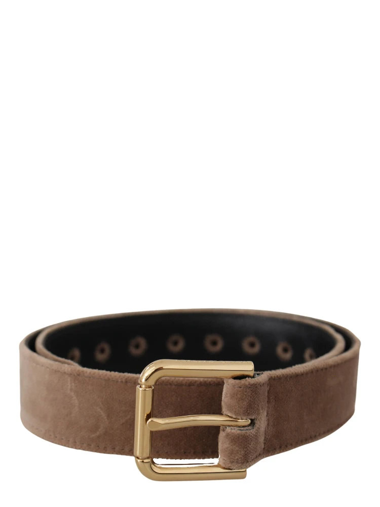 Light Brown Velvet Gold Tone Logo Metal Buckle Belt