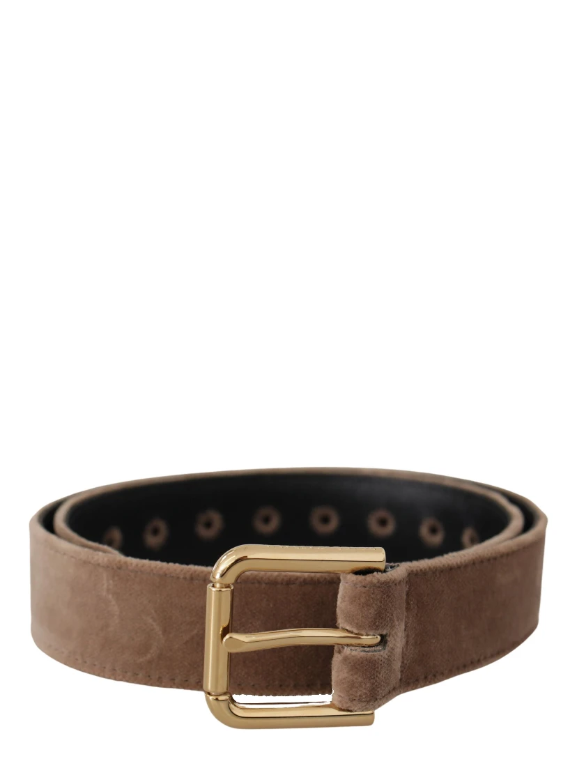 Light Brown Velvet Gold Tone Logo Metal Buckle Belt
