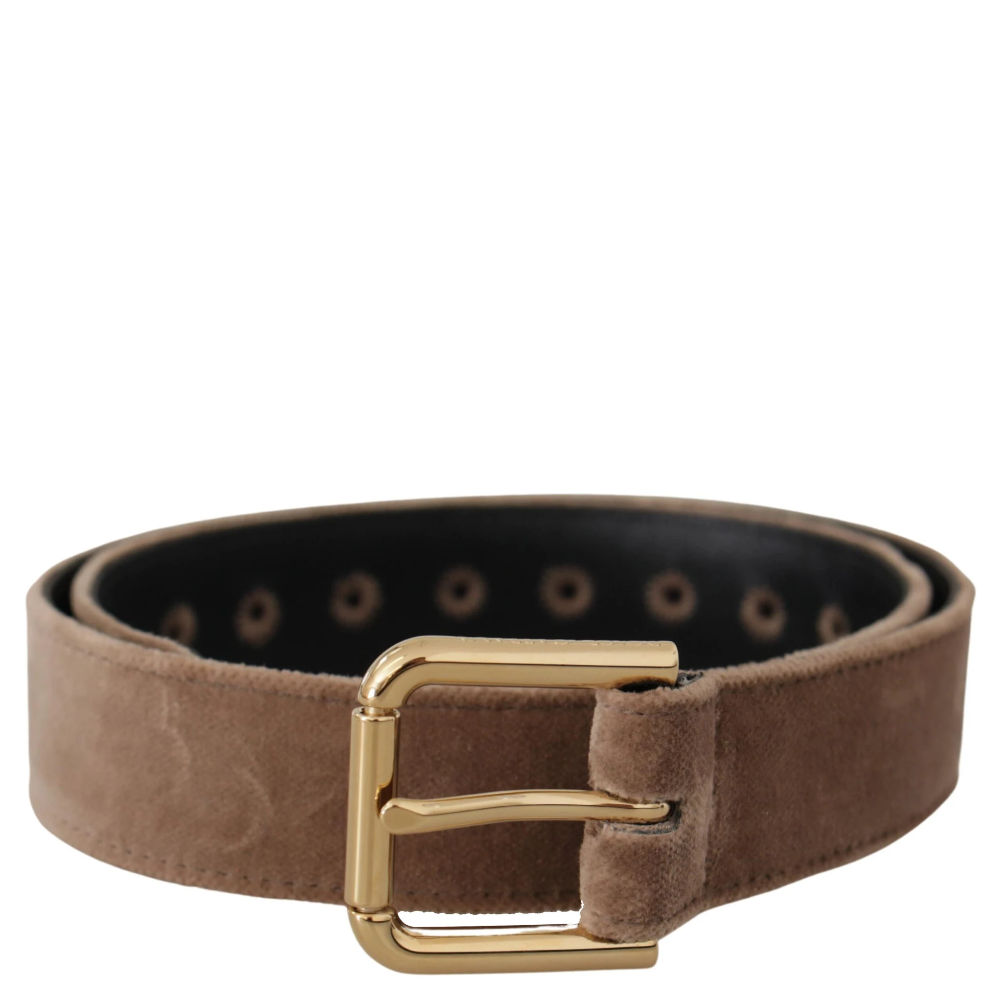 Light Brown Velvet Gold Tone Logo Metal Buckle Belt