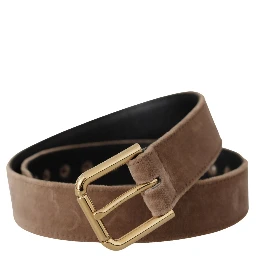 Light Brown Velvet Gold Tone Logo Metal Buckle Belt