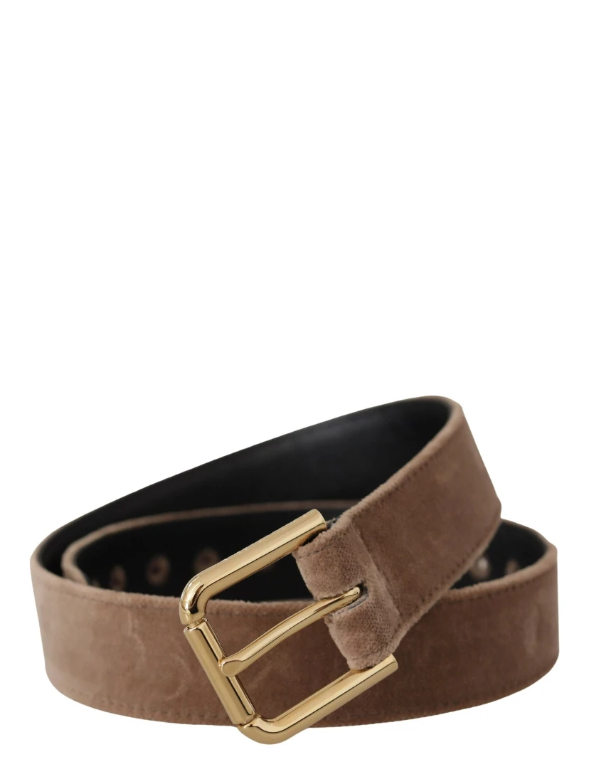 Light Brown Velvet Gold Tone Logo Metal Buckle Belt