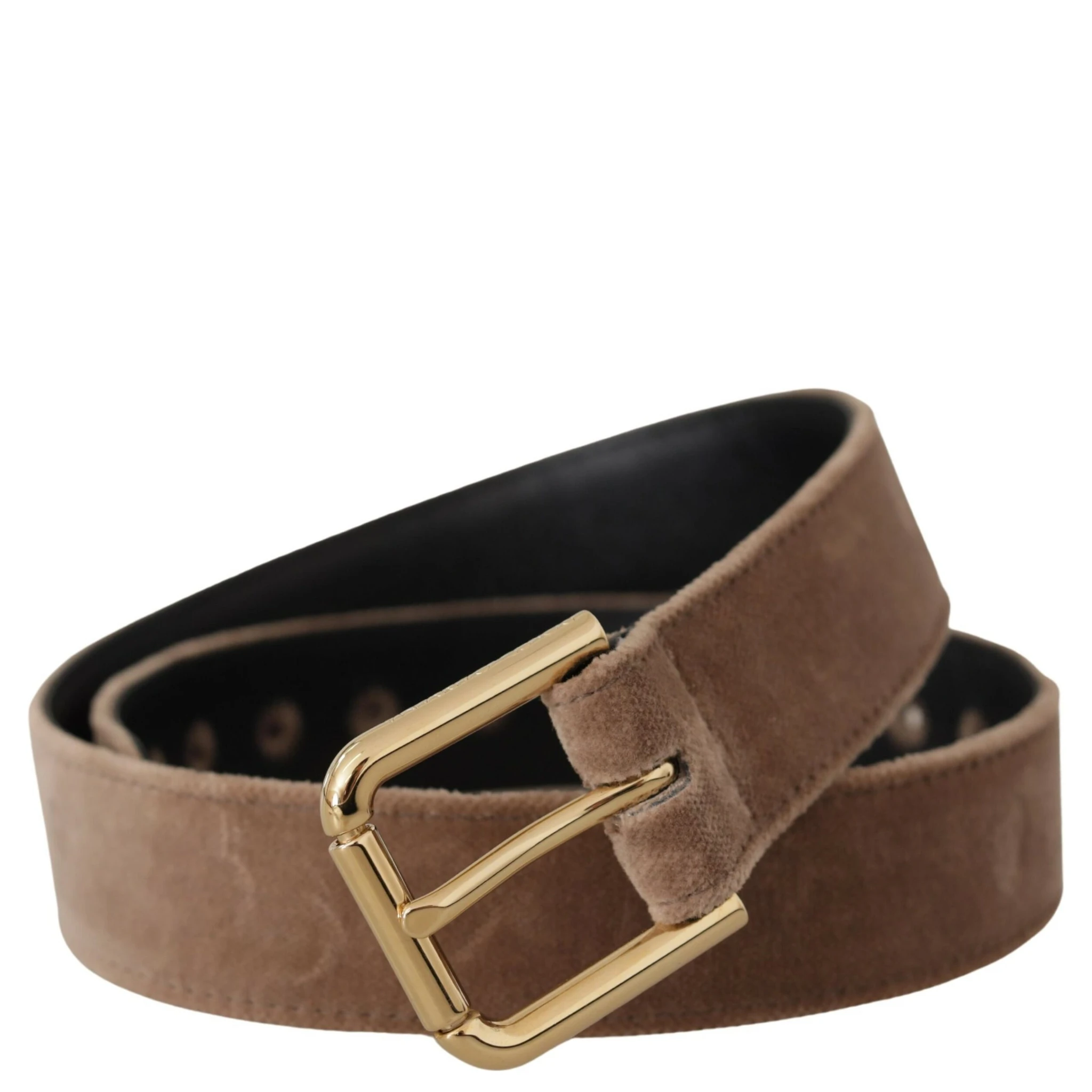 Light Brown Velvet Gold Tone Logo Metal Buckle Belt