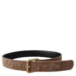 Light Brown Velvet Gold Tone Logo Metal Buckle Belt