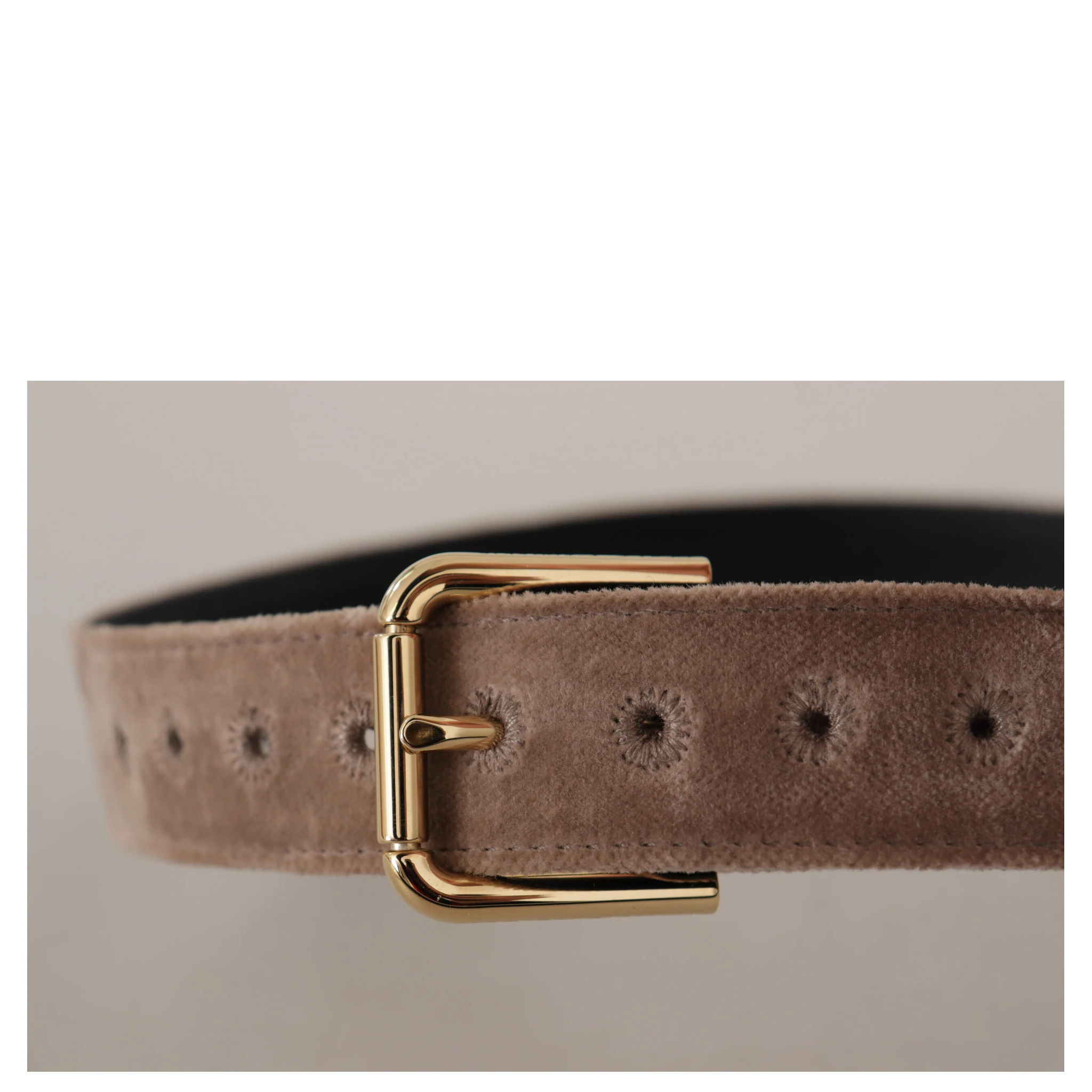Light Brown Velvet Gold Tone Logo Metal Buckle Belt