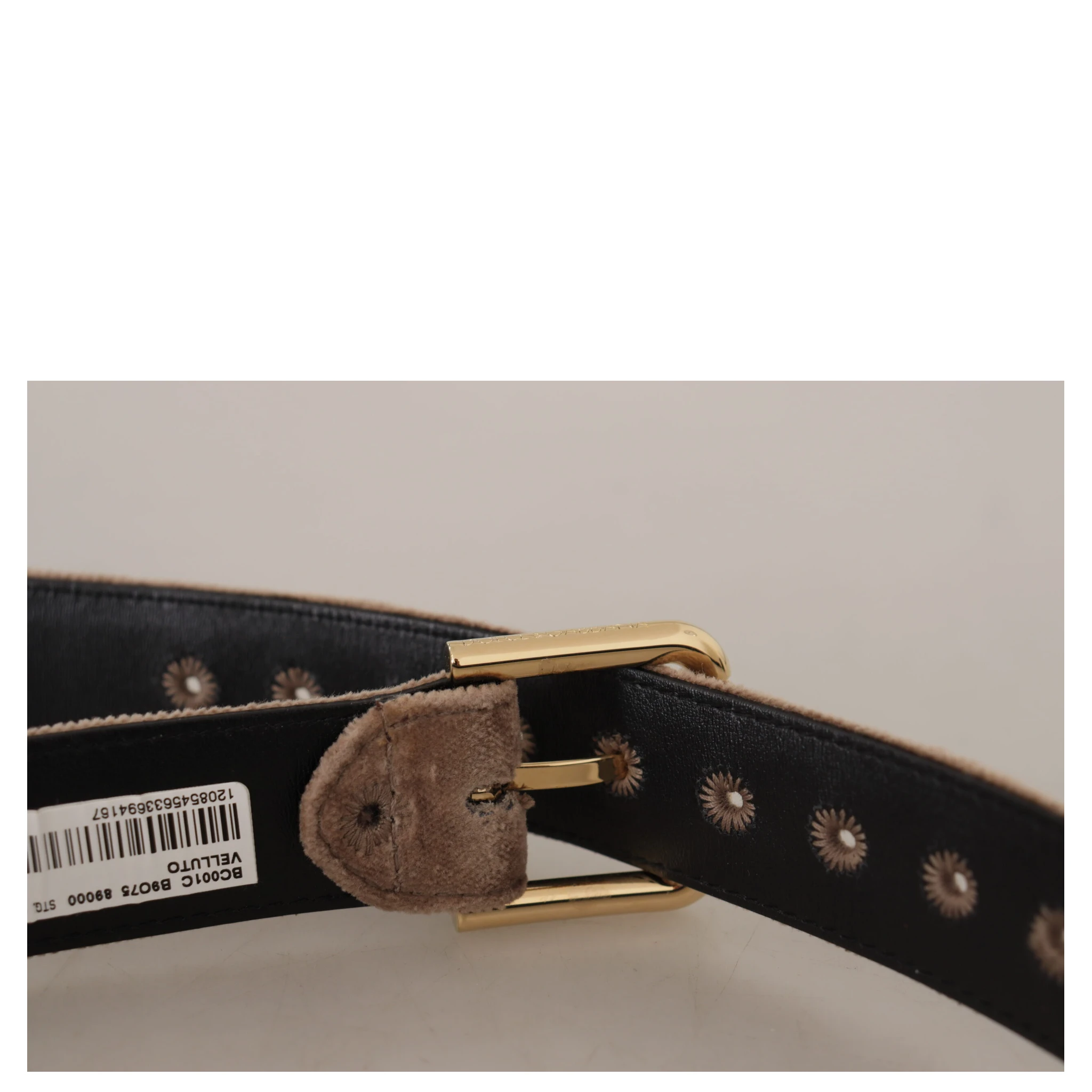 Light Brown Velvet Gold Tone Logo Metal Buckle Belt