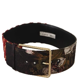 Multicolor Wide Leather Floral Gold Metal Buckle Belt