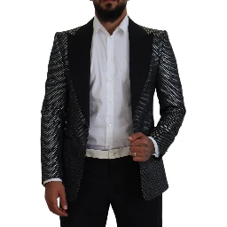 Black Silver Jacquard Slim Fit Jacket Blazer