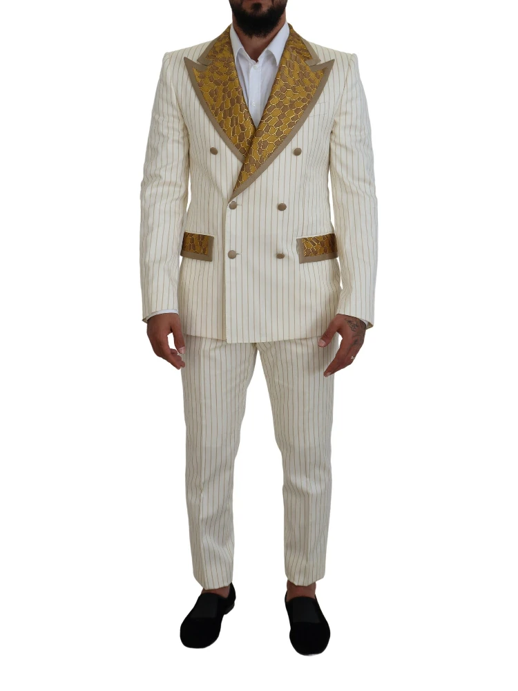 Off White Gold Striped Tuxedo Slim Fit Suit