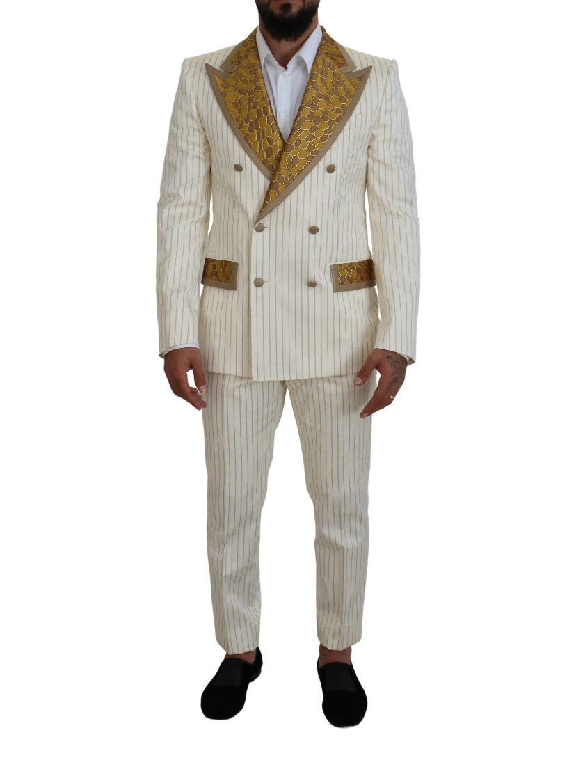 Off White Gold Striped Tuxedo Slim Fit Suit