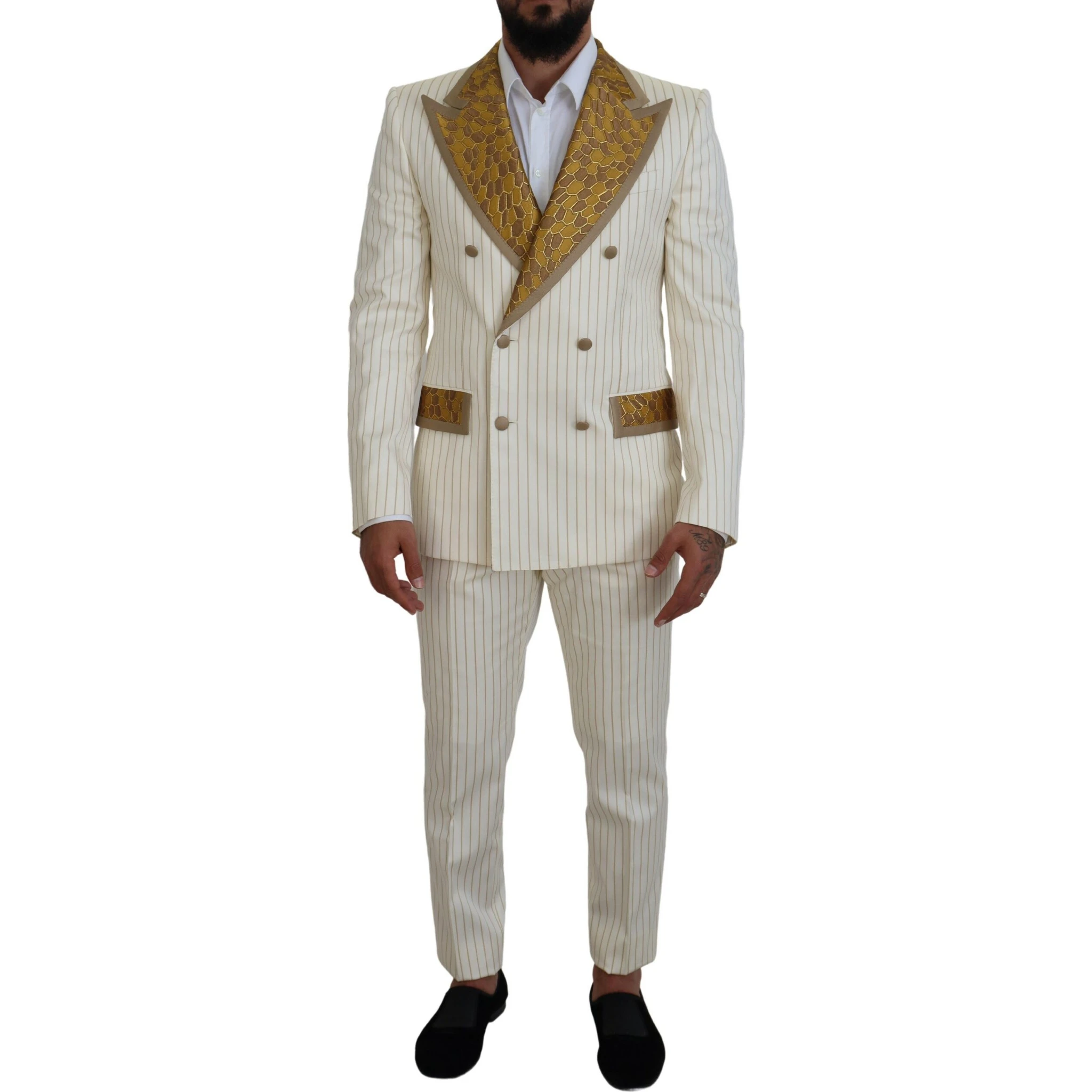 Off White Gold Striped Tuxedo Slim Fit Suit