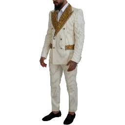 Off White Gold Striped Tuxedo Slim Fit Suit
