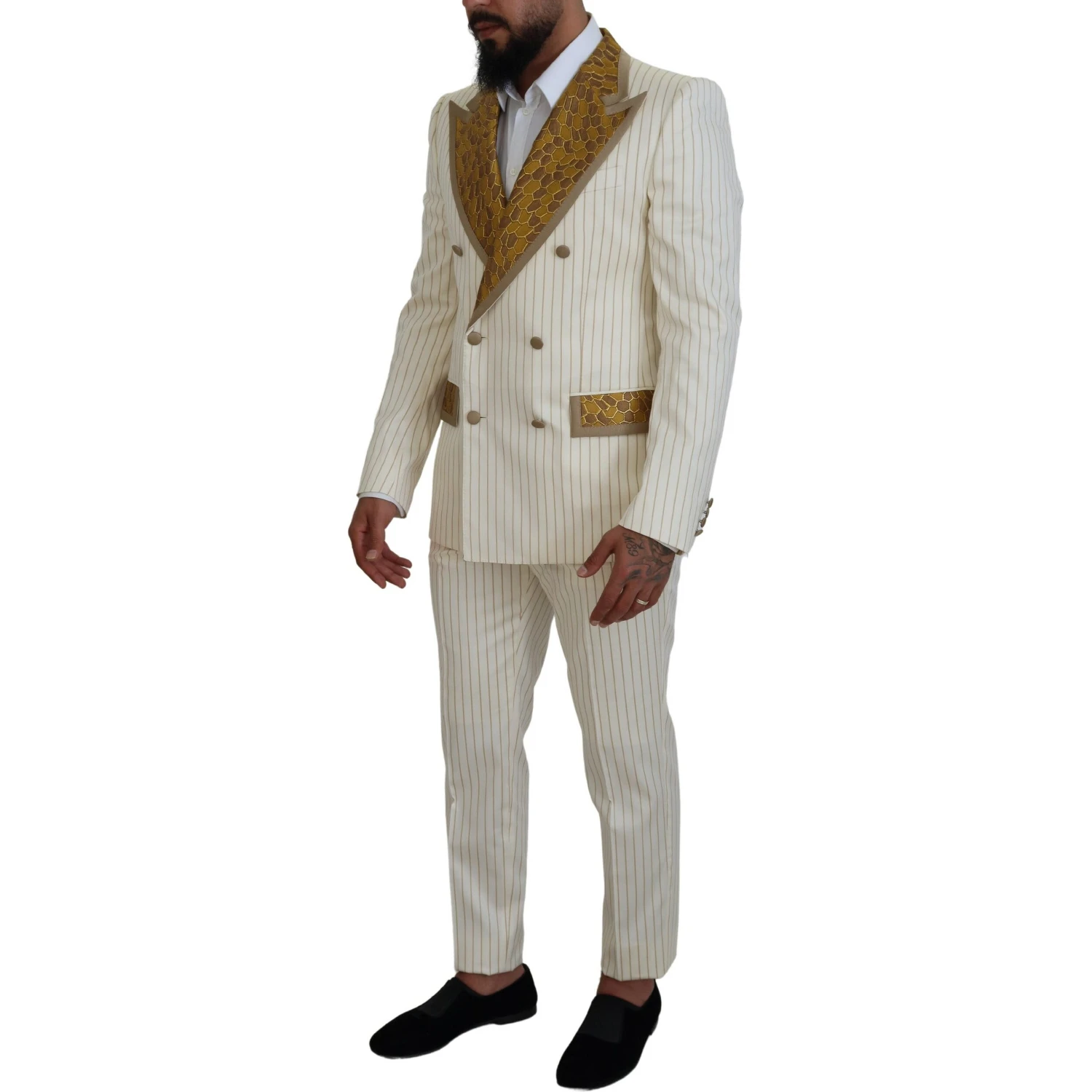 Off White Gold Striped Tuxedo Slim Fit Suit