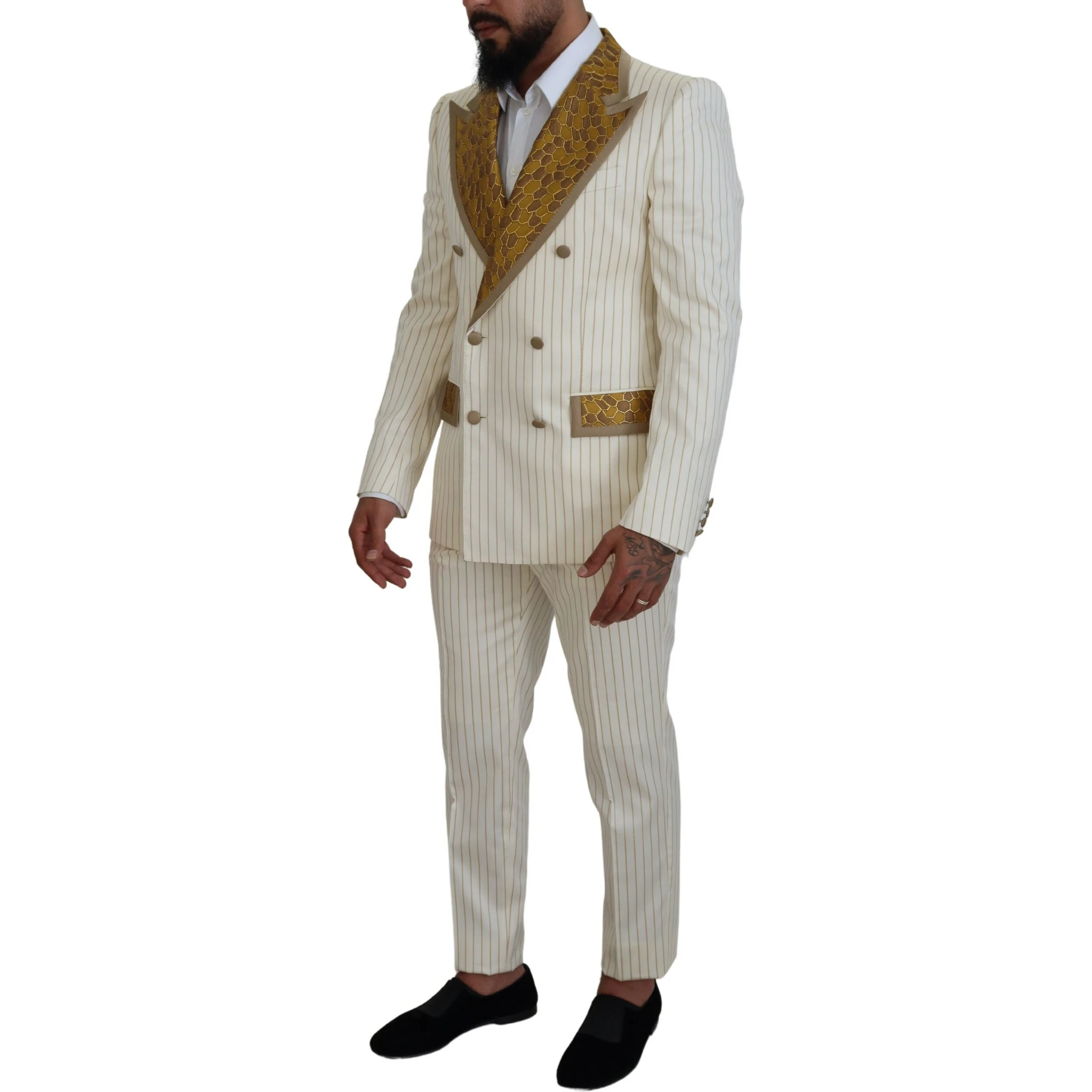 Off White Gold Striped Tuxedo Slim Fit Suit